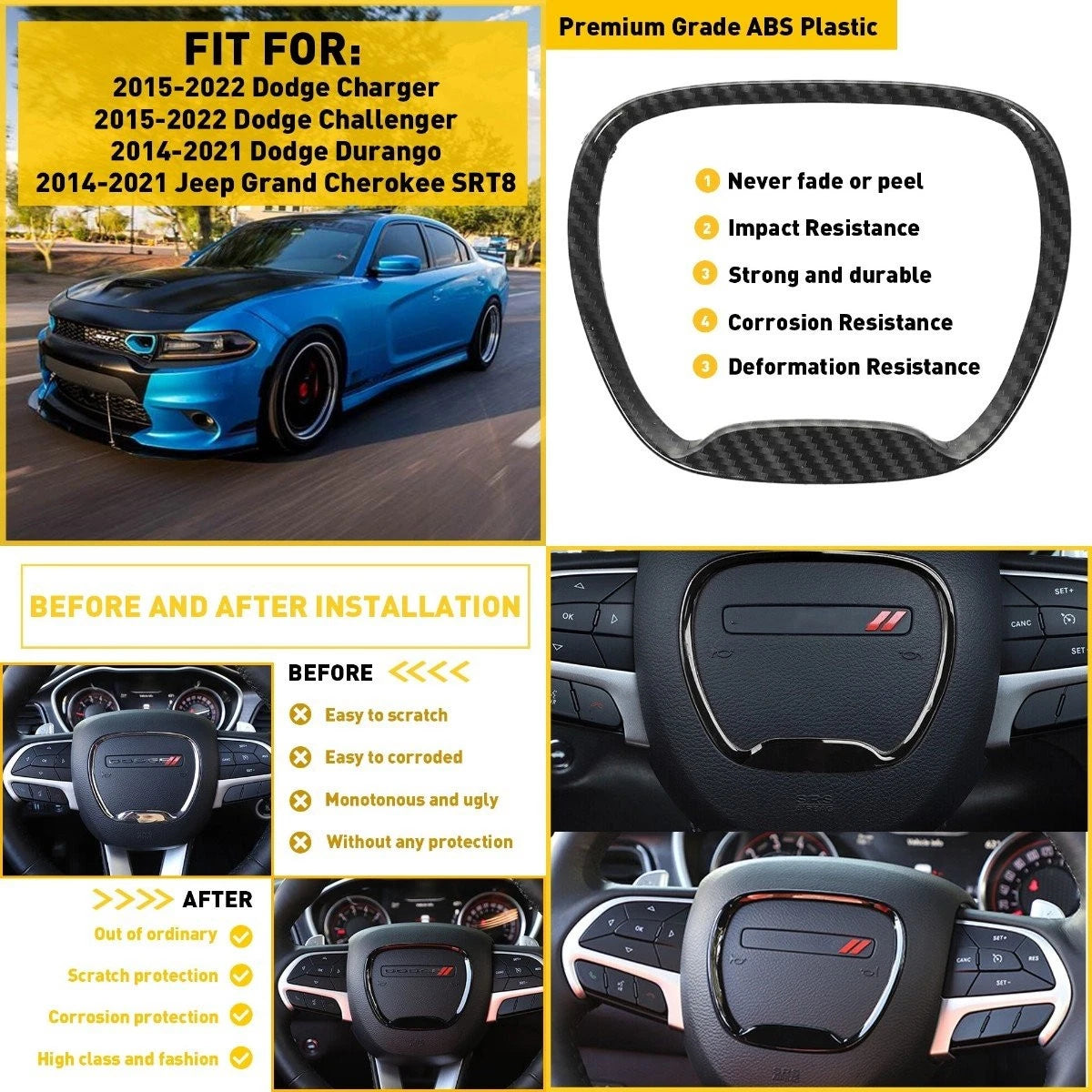 Steering Wheel Trim Cover for Dodge Challenger Charger Durango (2015–2023)