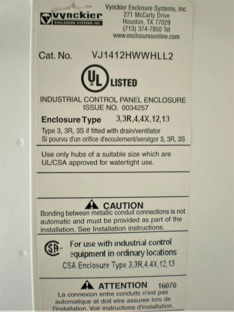 Vynckier Shore Power Fiberglass Control Panel Enclosure 14"x12"x5.5"