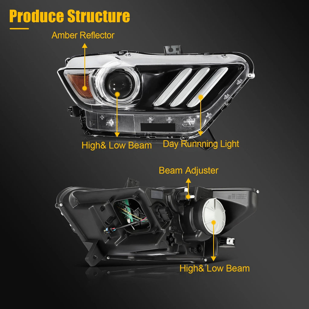 Passenger Side Headlight for Ford Mustang (2015–2017) Black Housing LED DRL