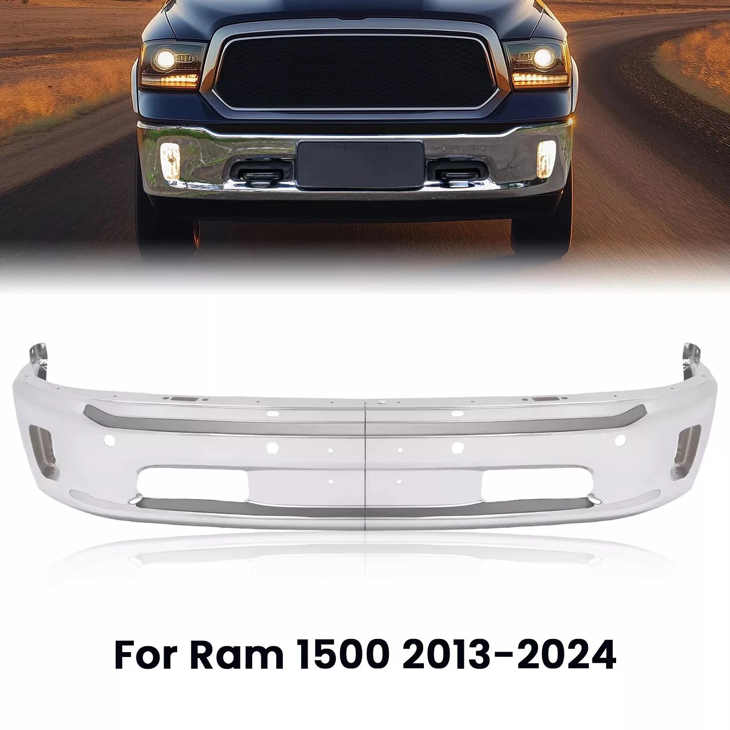Chrome Front Bumper Face Bar for RAM 1500 (2014–2018) with Fog Light Holes