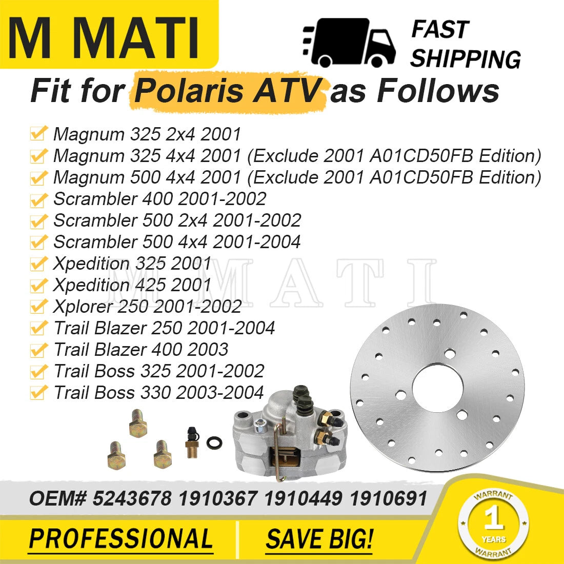 Rear Brake Caliper & Disc Rotor w/Bolts for Polaris Trail Blazer 250 400 (2001–2004)