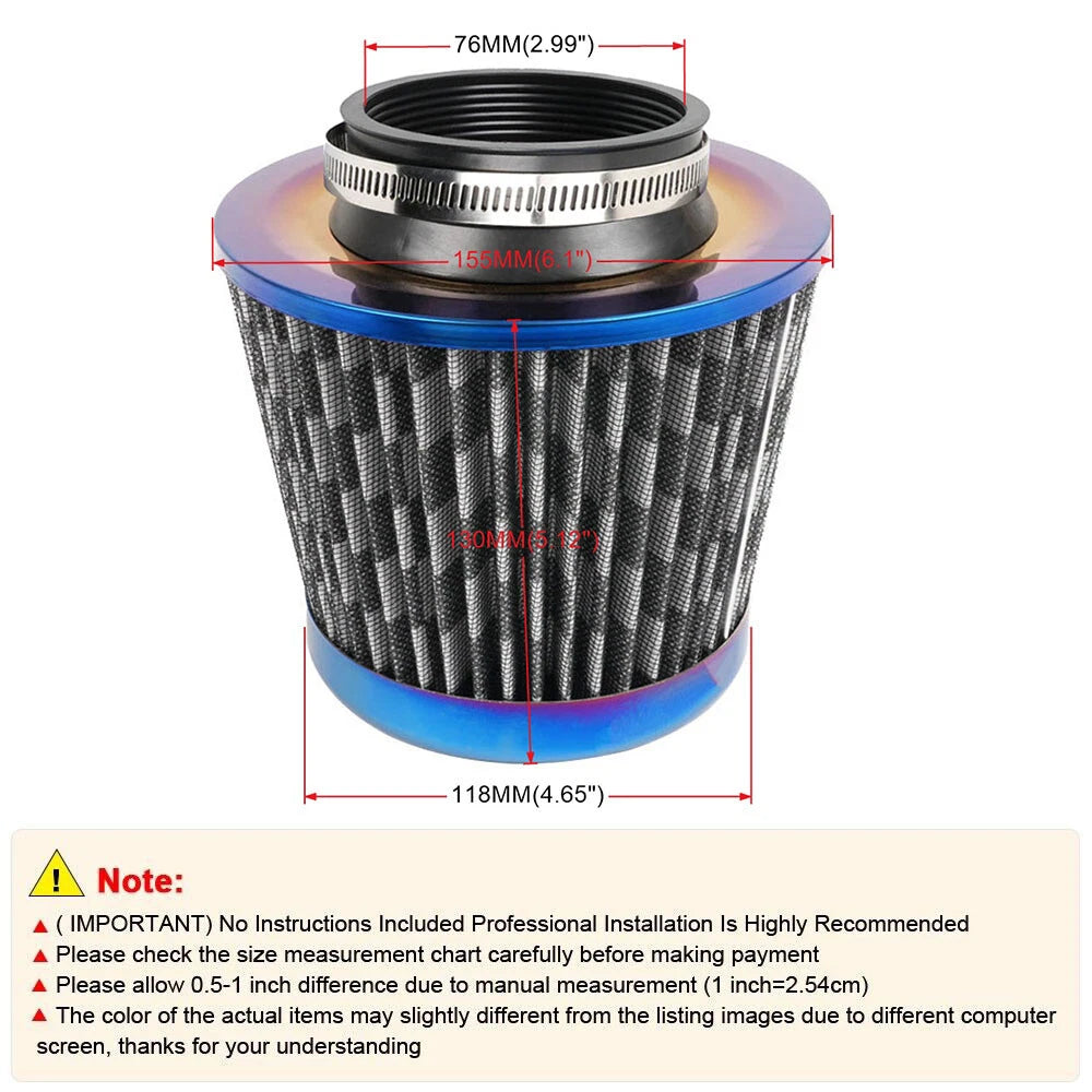 3" Blue High Flow Inlet Cold Air Intake Filter for Cars
