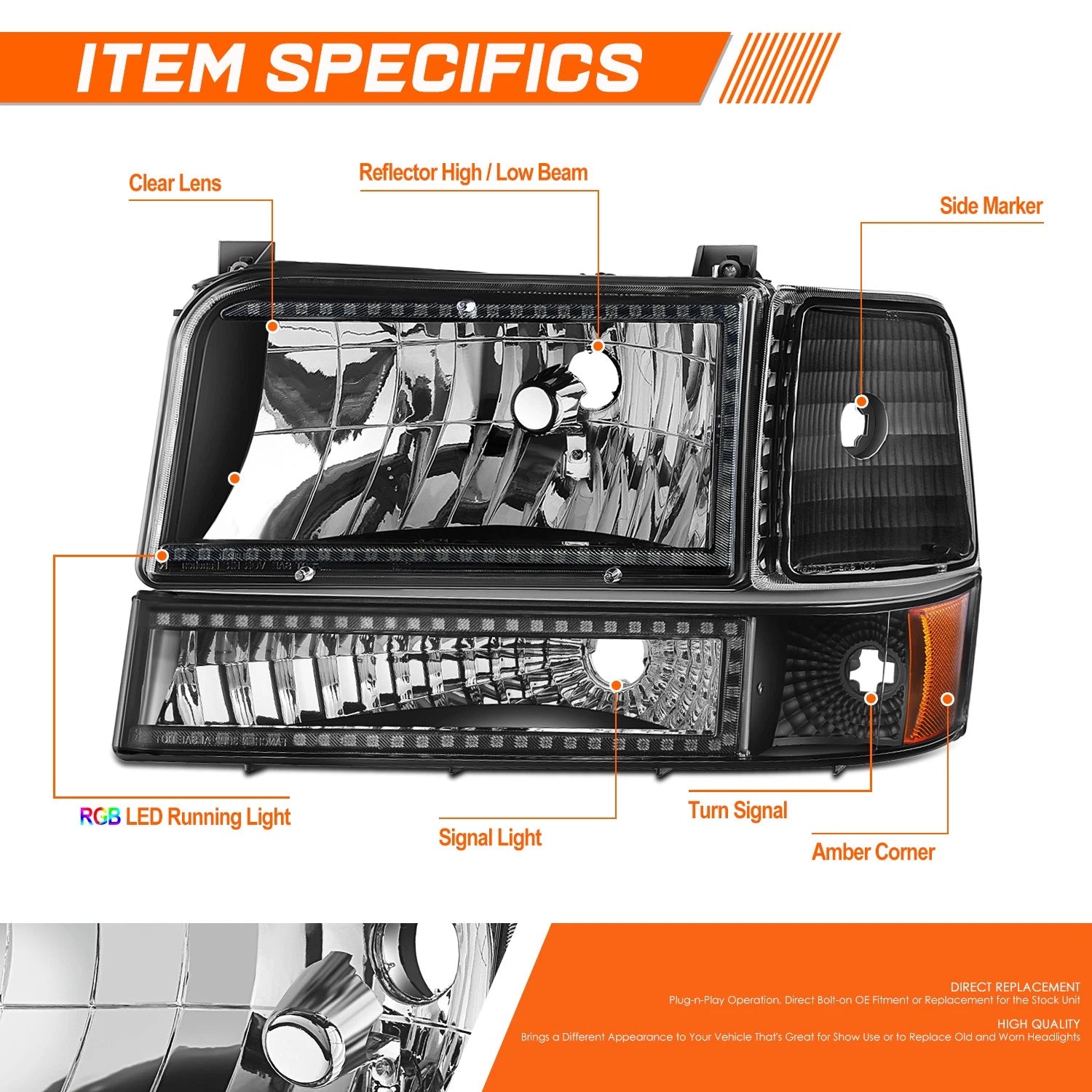 RGB LED Light Bar Bumper Headlights for Ford F150-F350 Bronco (1992–1996)