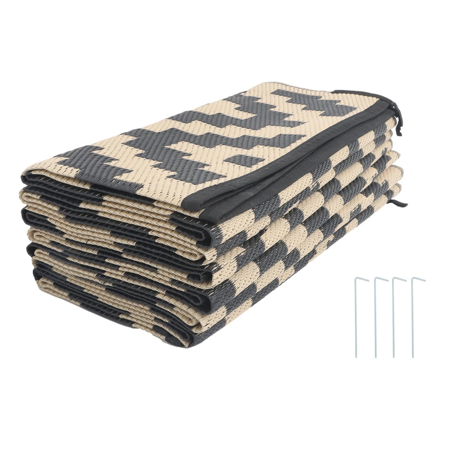 Outdoor Plastic Straw Rug for Camping (10x14 ft) - Black & Beige