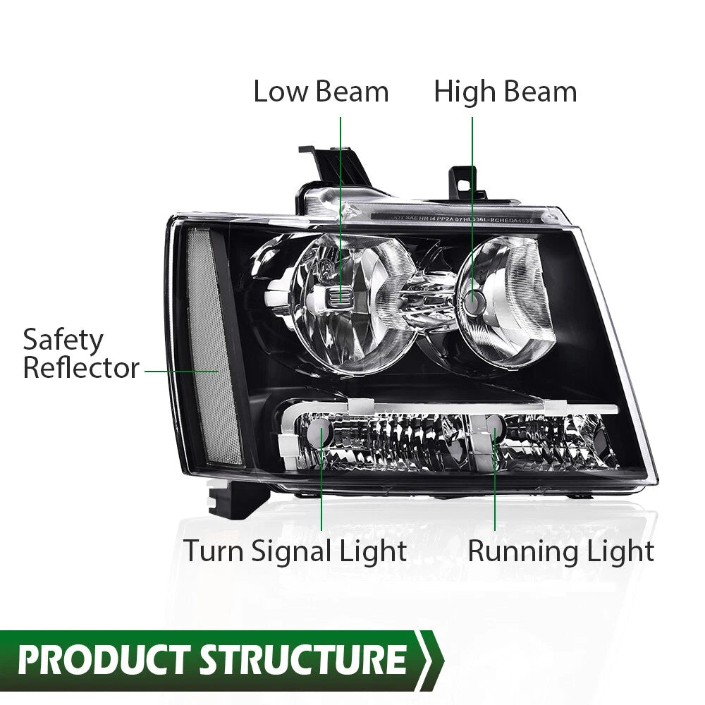 Clear Corner Black Headlights for Chevy Avalanche Tahoe Suburban (2007–2014)