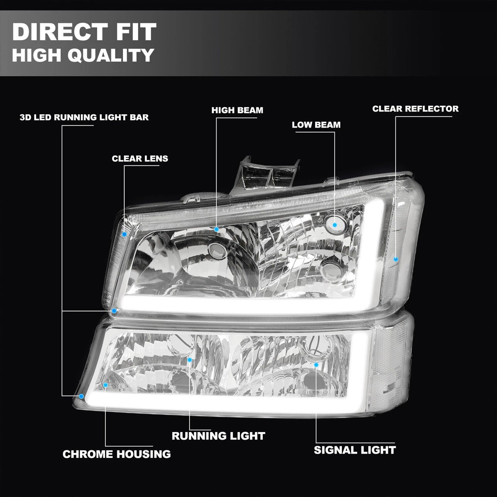 Set of 2 Headlights for Chevy Silverado Avalanche (2003–2007) Chrome with LED DRL