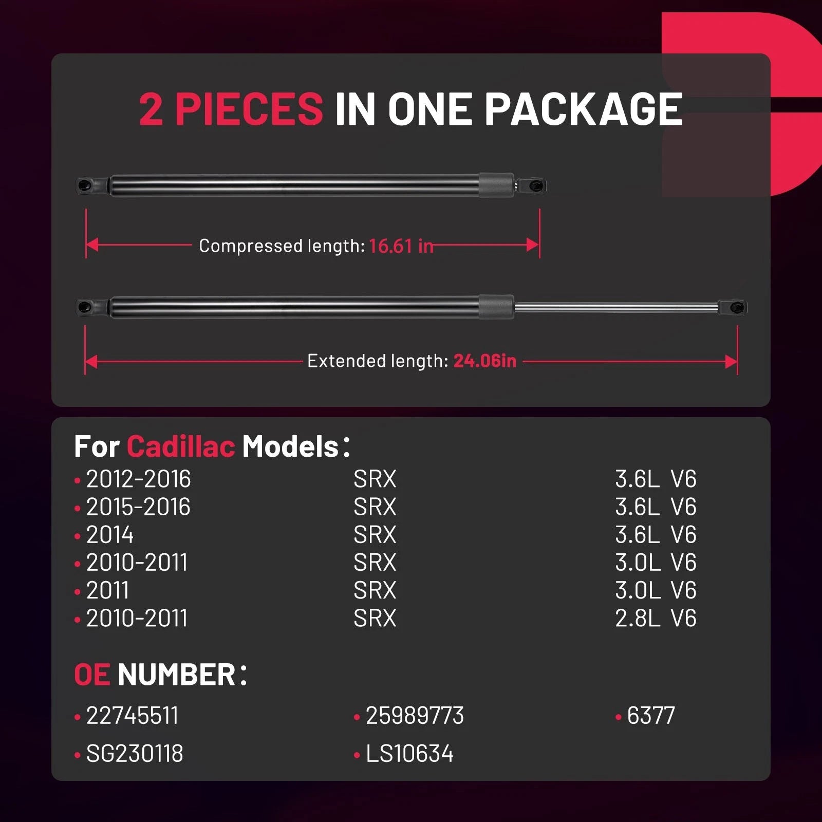 2X 24'' 189lb/840N Gas Struts for Cadillac SRX (2012–2016) SG230118