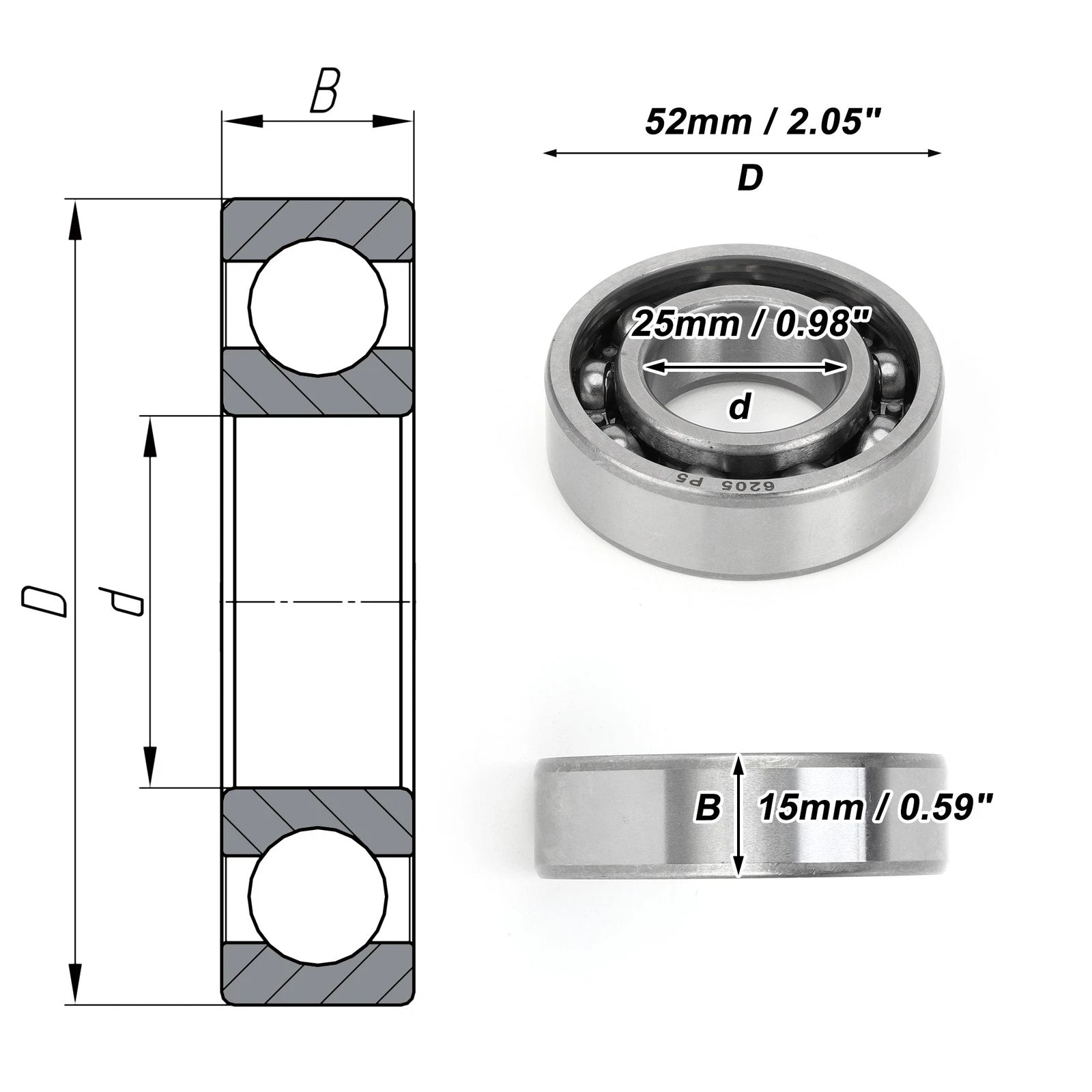 Deep Groove Ball Bearing 25x52x15mm for Scooter Skateboard (1 Pc)