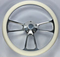 14 Inch Polished Billet 5 Hole Steering Wheel with White Wrap and Horn for