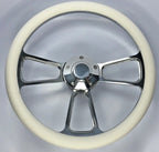 14 Inch Polished Billet 5 Hole Steering Wheel with White Wrap and Horn for