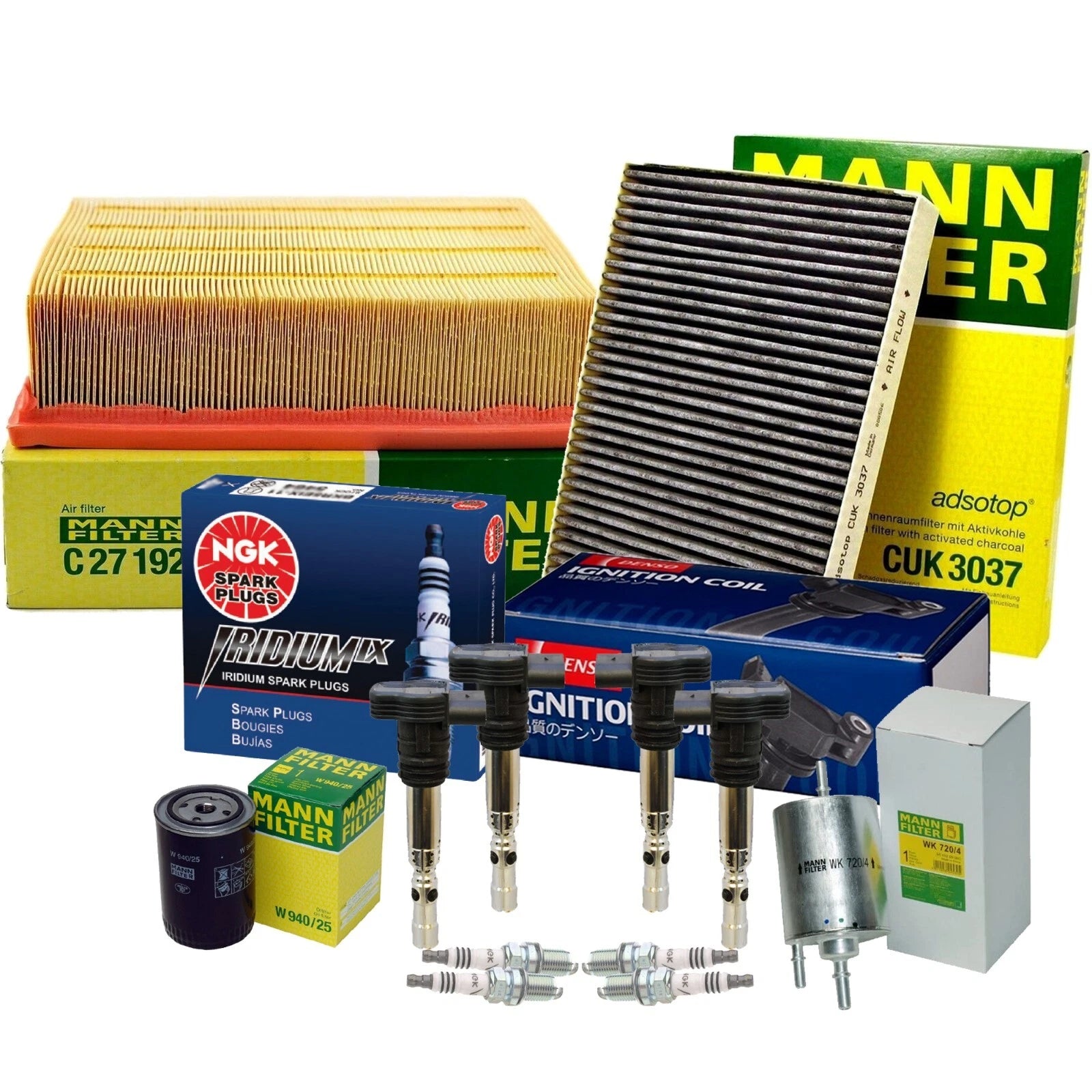 Tune Up Kit: 4 Mann Filters, 4 Denso Coils, 4 NGK Iridium IX for Audi