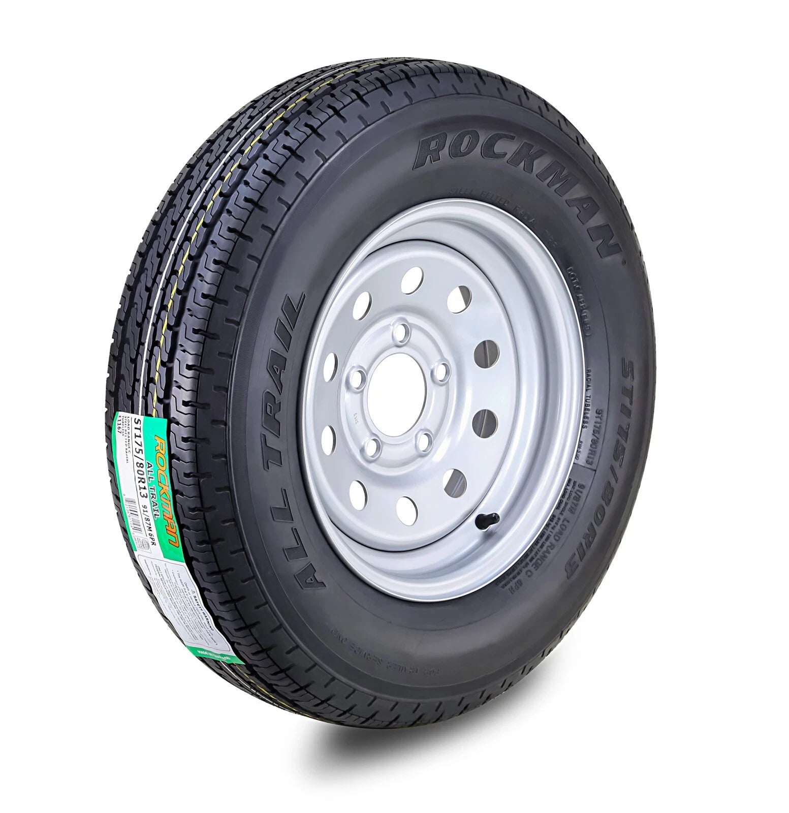 ROCKMAN ST175/80R13 Trailer Tire 6-Ply 5 Lug Wheel (Silver Mod)