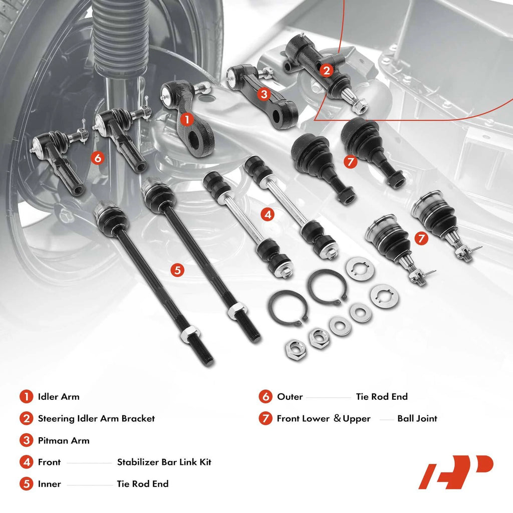 Set of 13 Front Idler, Pitman Arm, Sway Bar Link, Tie Rod for Chevy GMC Hummer