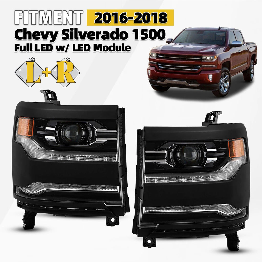 Full LED Headlight Set for Chevy Silverado 1500 (2016–2018) W/Module