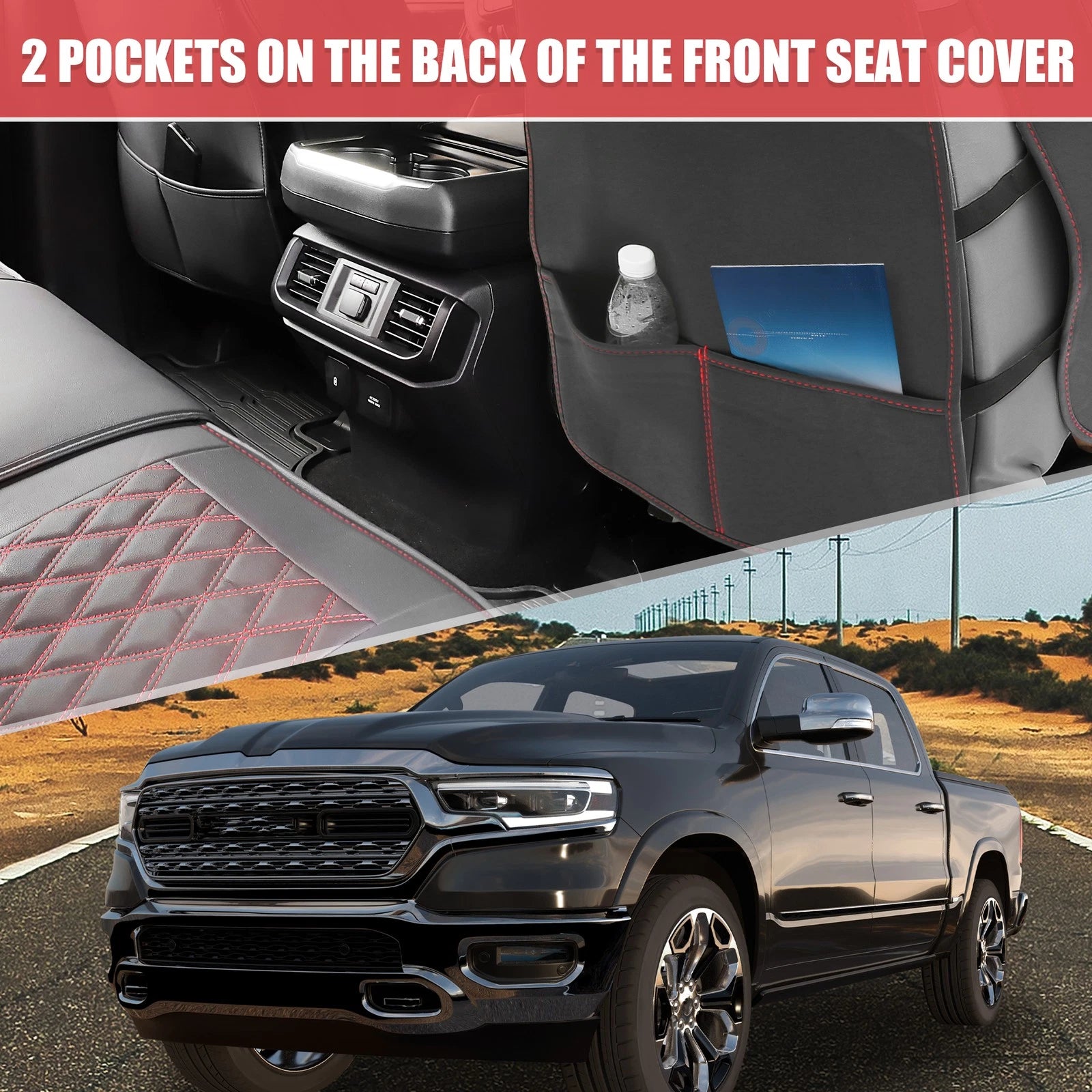 Set of 5 Front Rear Seat Covers Pads for Dodge Ram 1500 (2009–2023) Black Red