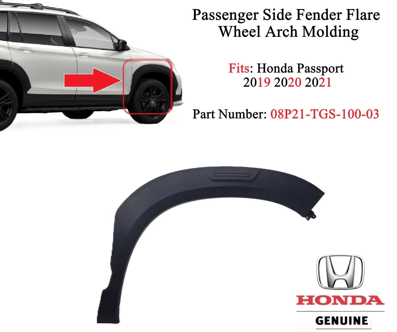 Front Right Fender Flare Wheel Arch Molding for Honda Passport (2019–2021) 08P21TGS10003