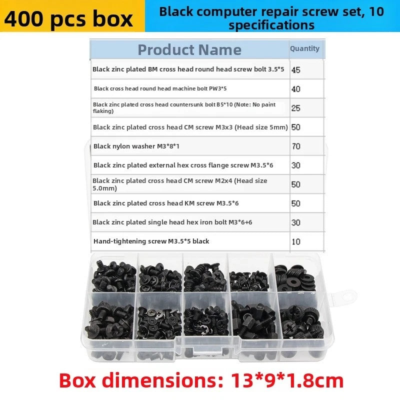 400pcs Laptop Service Screw Kit - Carbon Steel Grade 4.8, 10 Head Designs