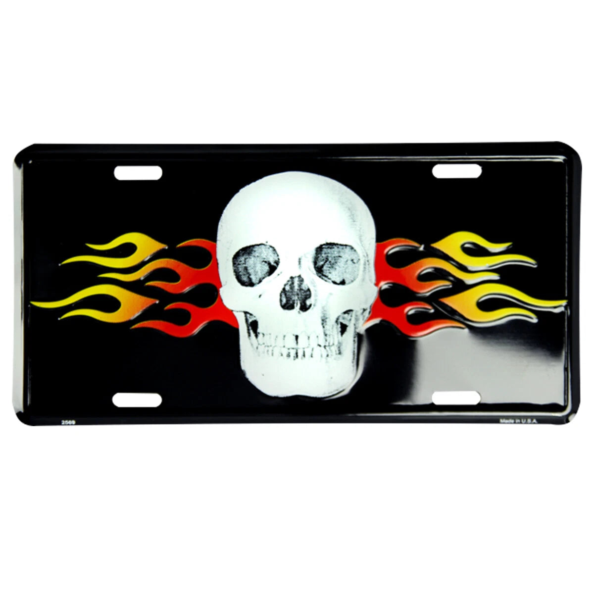 Skull with Flames License Plate Tag 6 x 12