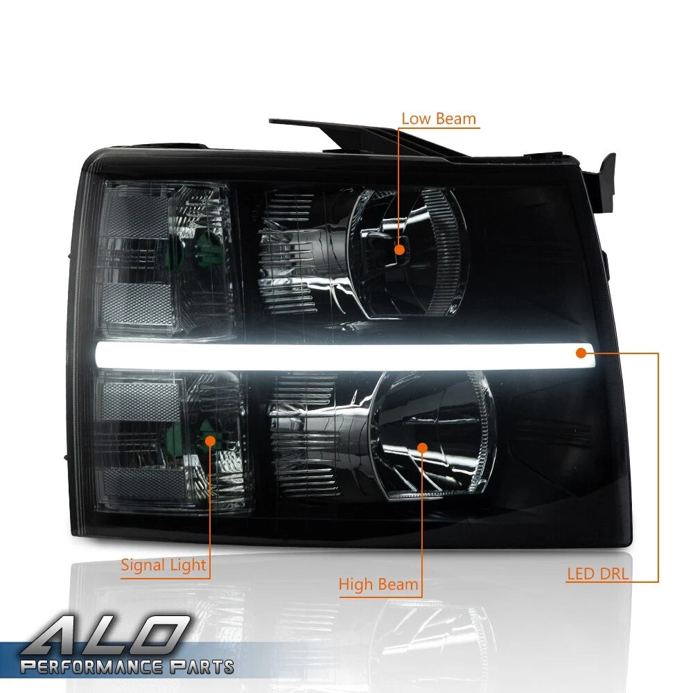 LED DRL Black Headlights for Chevy Silverado 1500 2500 3500 (2007–2014)