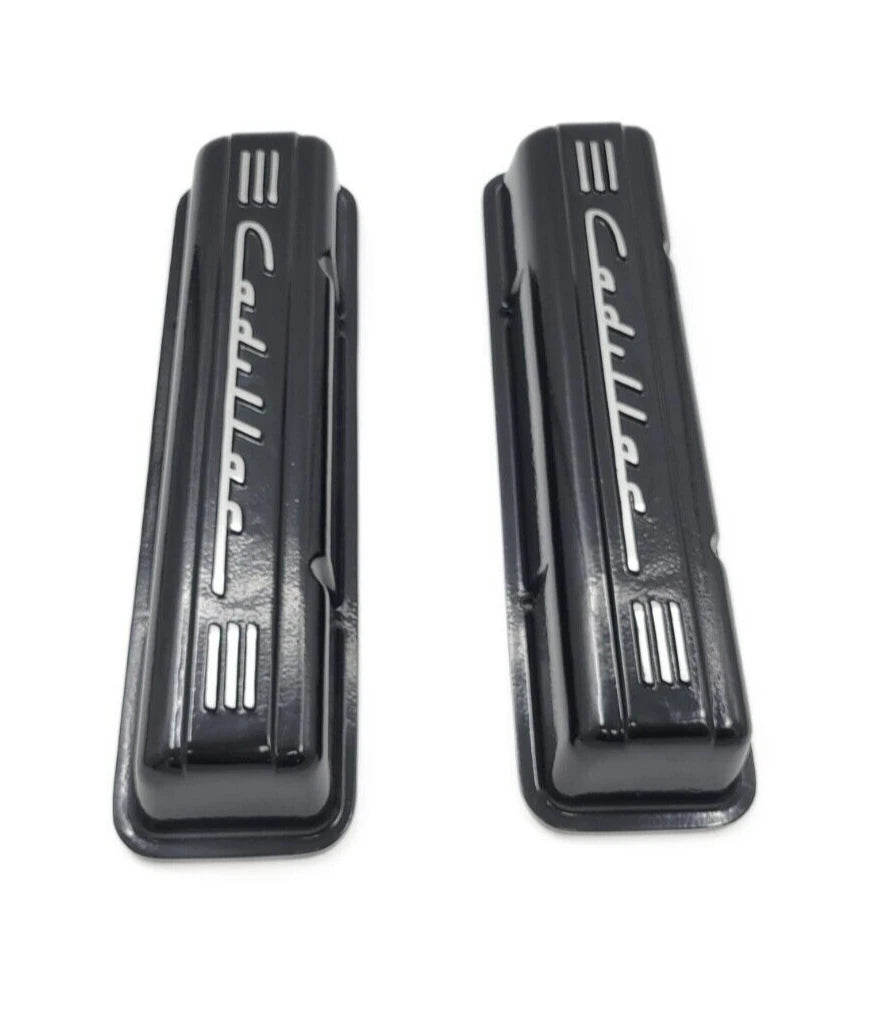 Black Aluminum Cadillac Script Valve Covers for Small Block Chevy (1957–1969)
