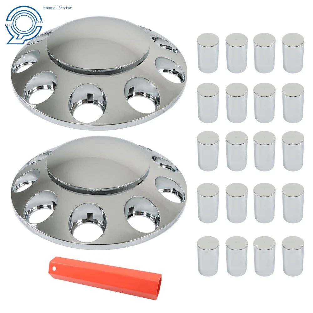 Set of 2 Chrome Front Axle Cover Hub Caps for Semi Truck (Fits 33mm Lug Nuts)