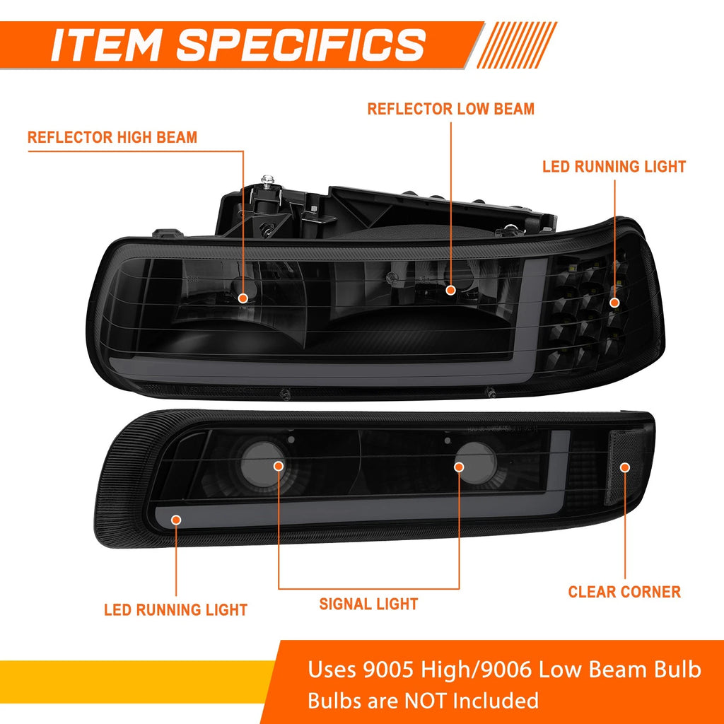 LED DRL Bumper Headlights for Chevy Silverado (1999–2002) Tinted Housing