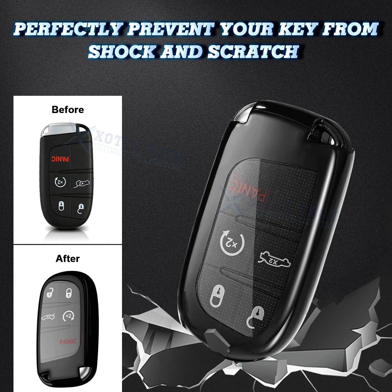 Remote Key Fob Shell Case for Dodge Jeep Chrysler (Glossy Black TPU) (2014-2024)