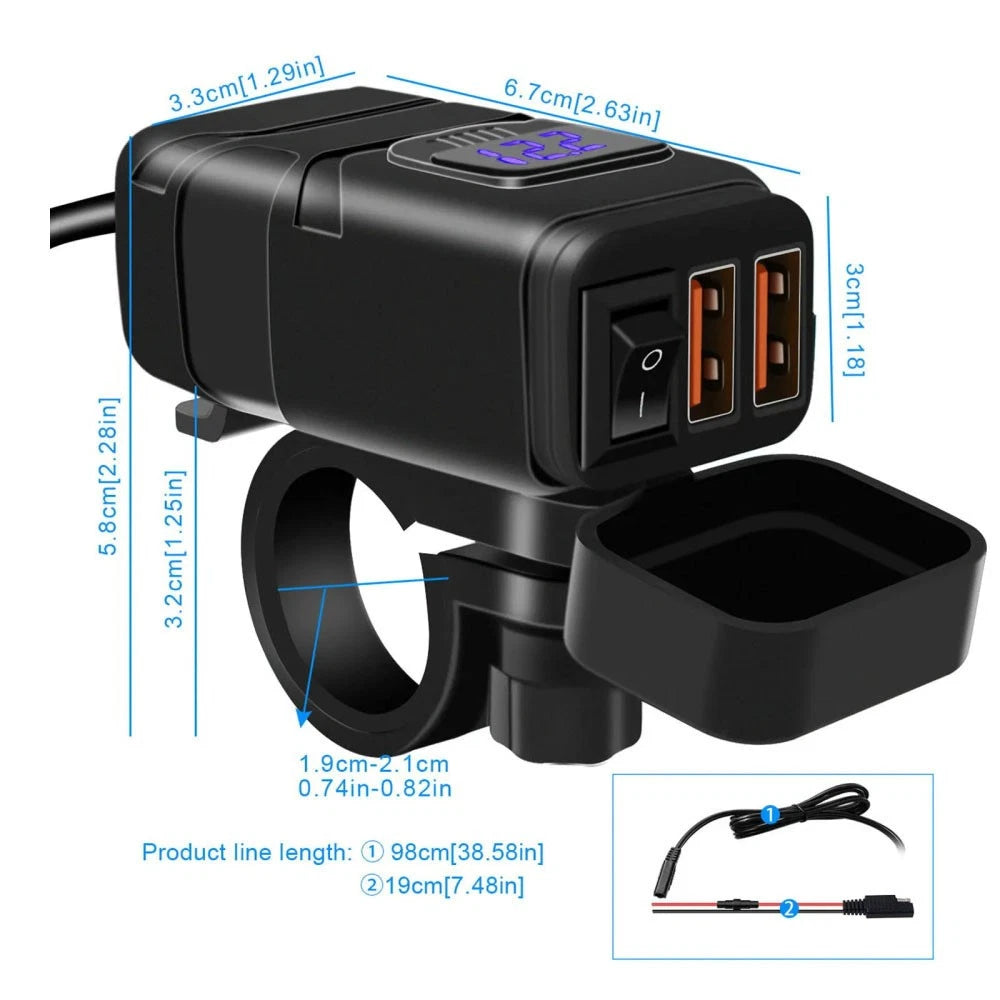 Dual USB QC3.0 Charger with Blue LED Voltmeter for Motorcycle (Universal)