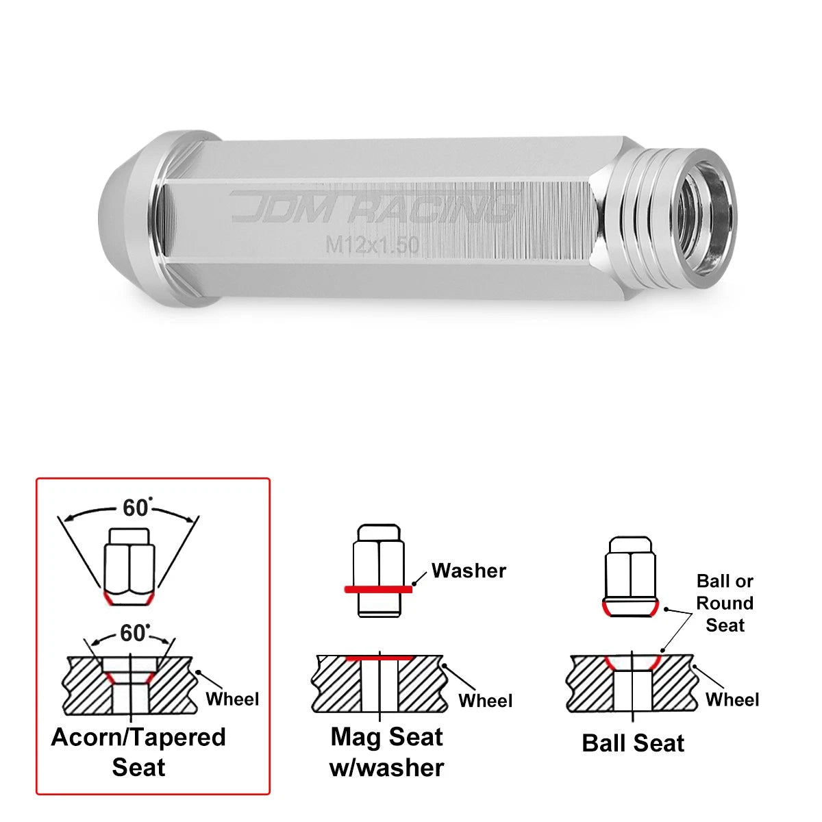 Set of 20 M12X1.5 Silver JDM Open End Conical Wheel Lug Nuts + Extension 25mm
