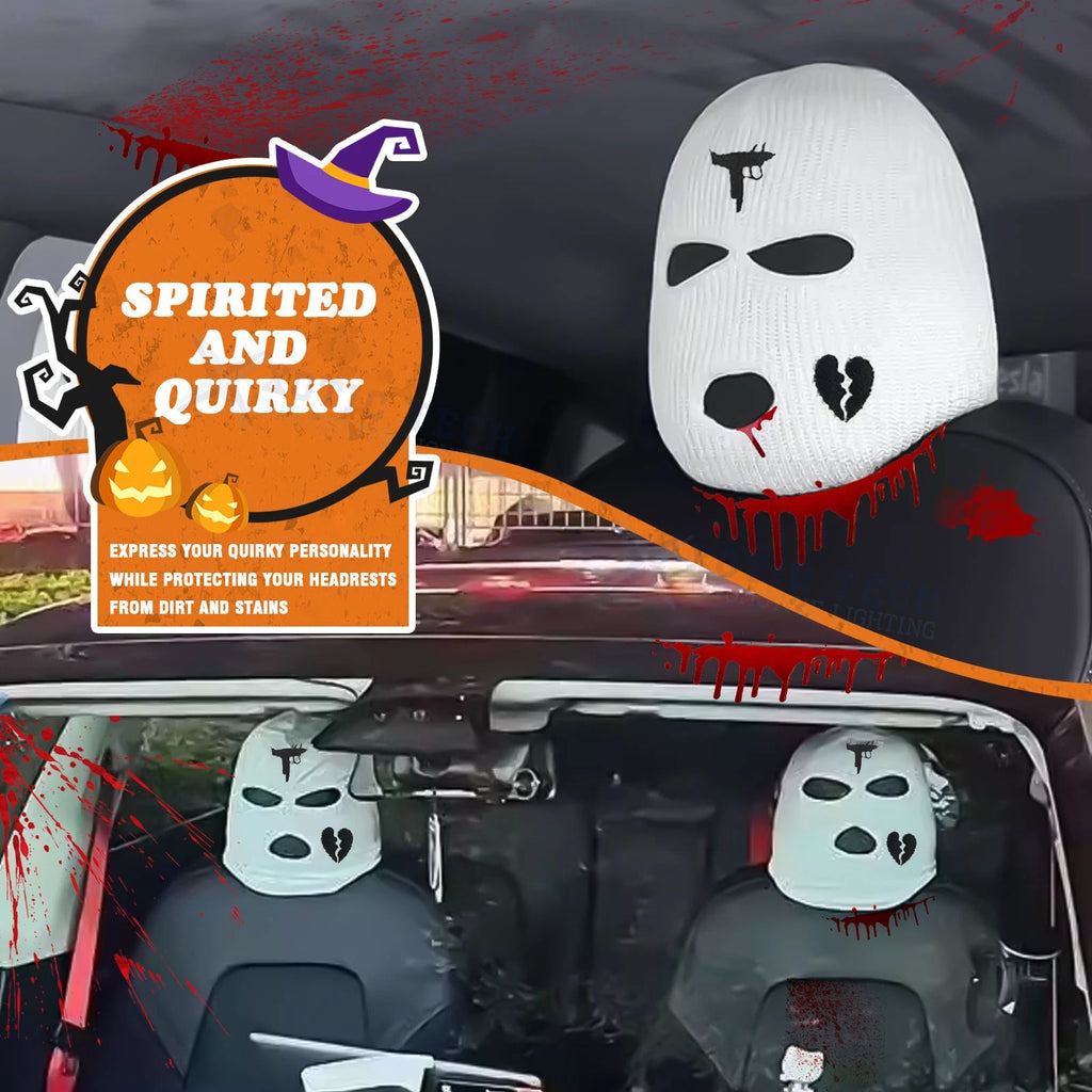 Funny Black/White Balaclava Face Car Headrest Cover for Halloween (-)