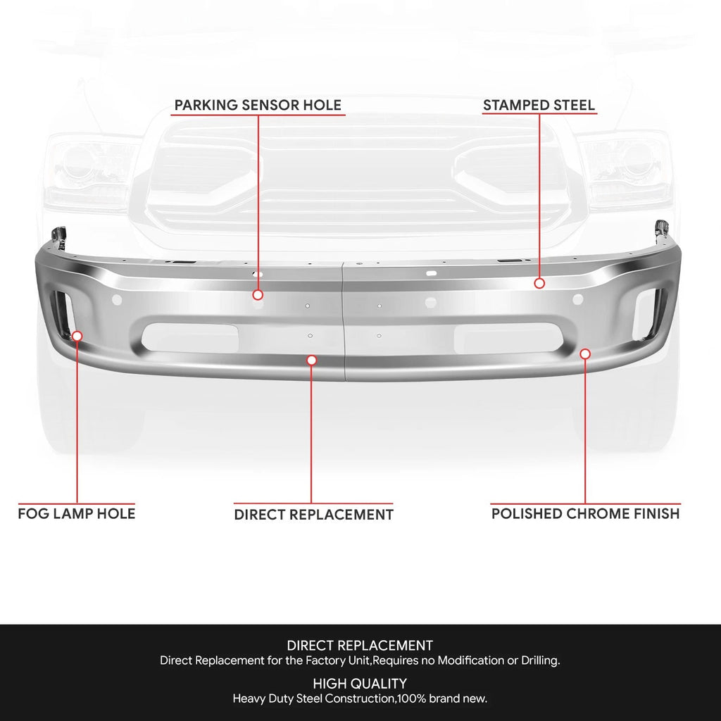 Front Bumper Face Bar for Ram 1500 (2014–2023) w/Parking Sensor, Fog Light Holes, Chrome