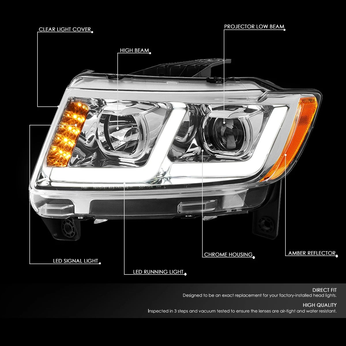 LED Tube Projector Headlight for Grand Cherokee (2011–2013) + Tool Box Chrome