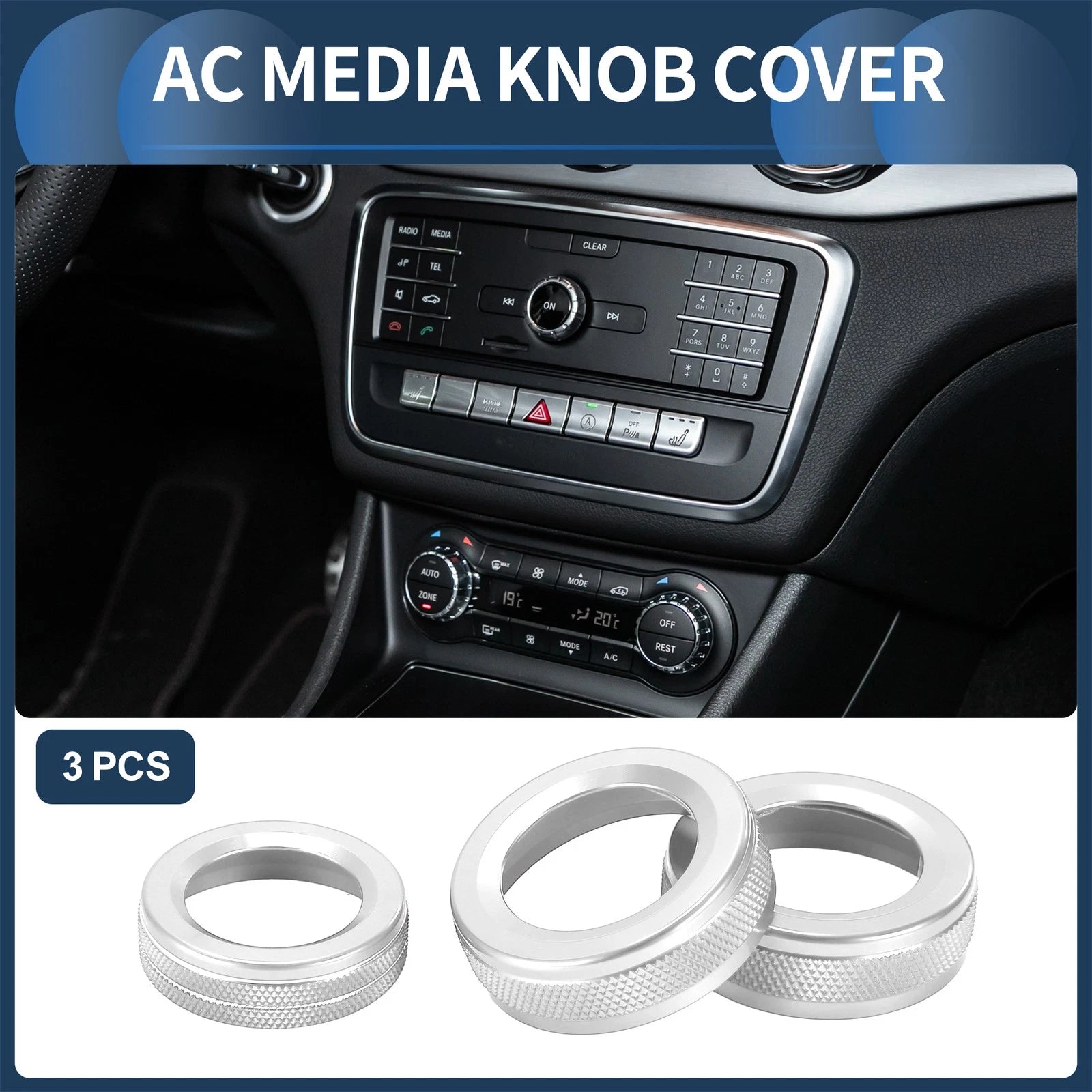3X AC Media Knob Cover for Mercedes-Benz A B E GLK GLA CLA Class (Silver Tone)