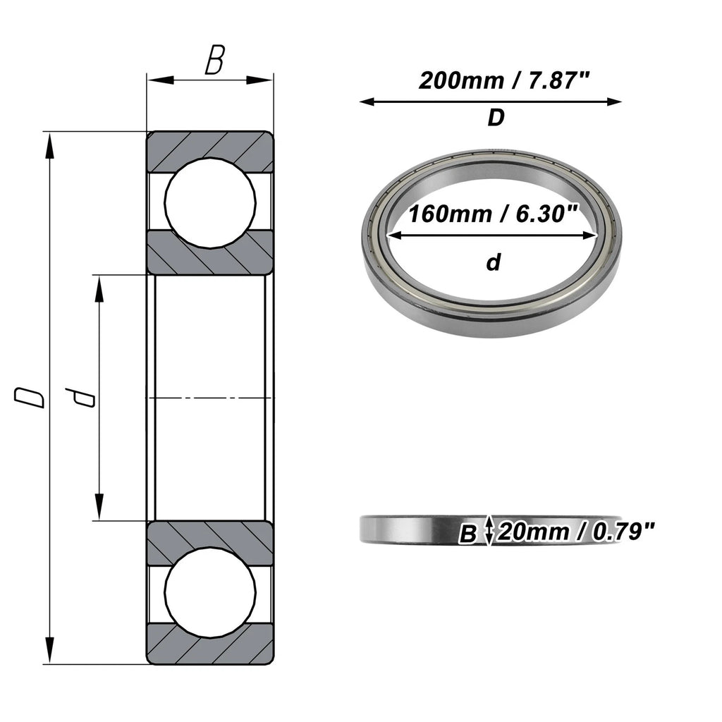 Deep Groove Ball Bearing 6832ZZS for Scooter Skateboard (160x200x20mm)