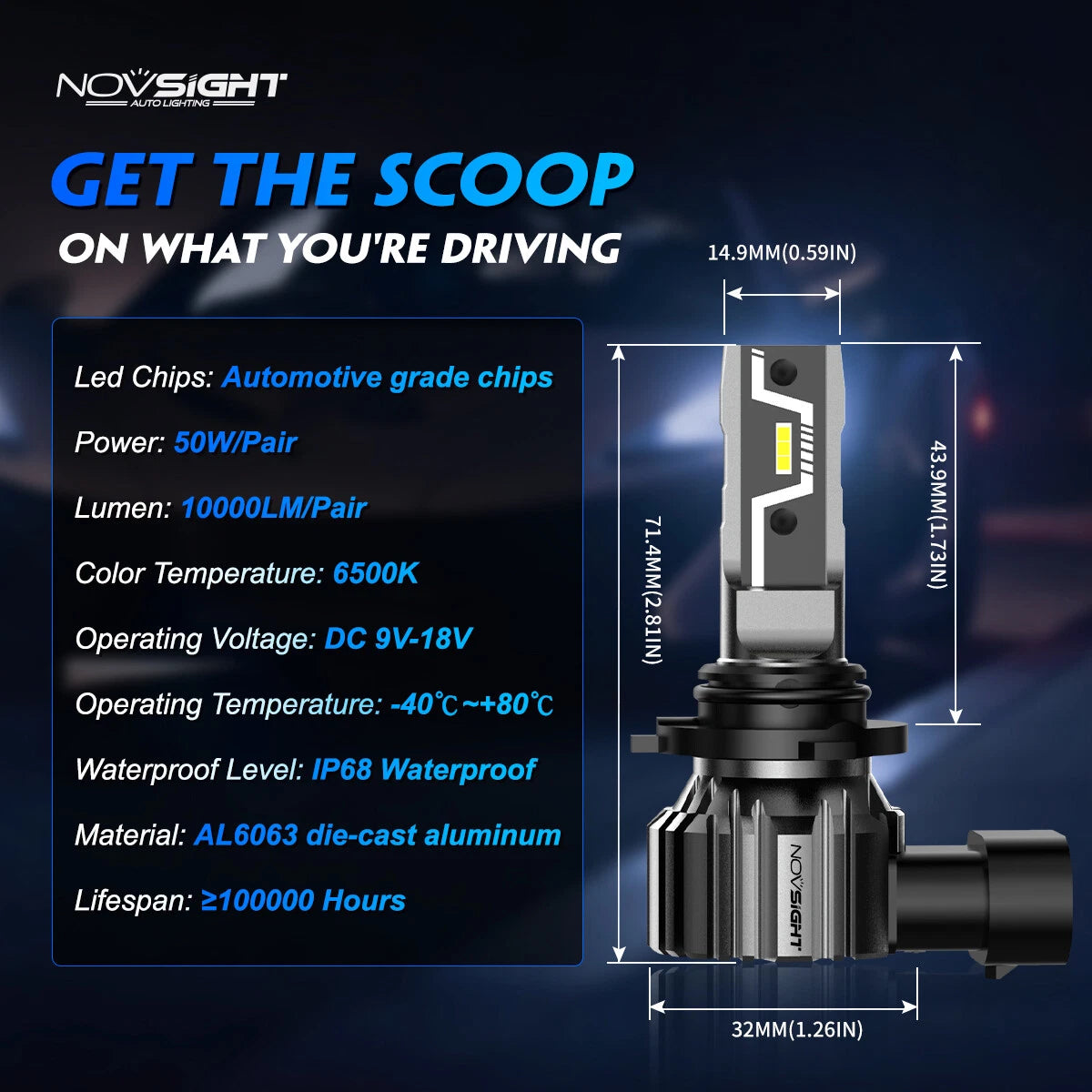 2X 9006 LED Headlight Bulbs for NOVSIGHT (10000LM, 50W)