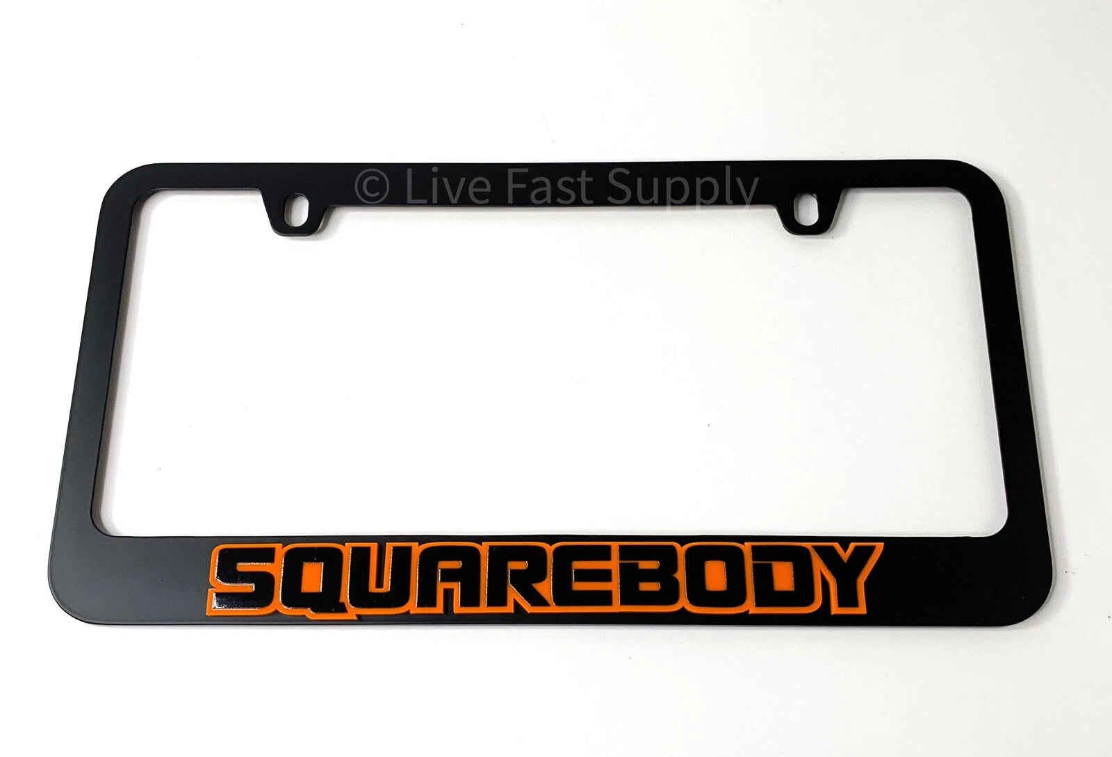Matte Black Premium License Plate Frame w Orange Outline for Chevy Squarebody (1970–1987)