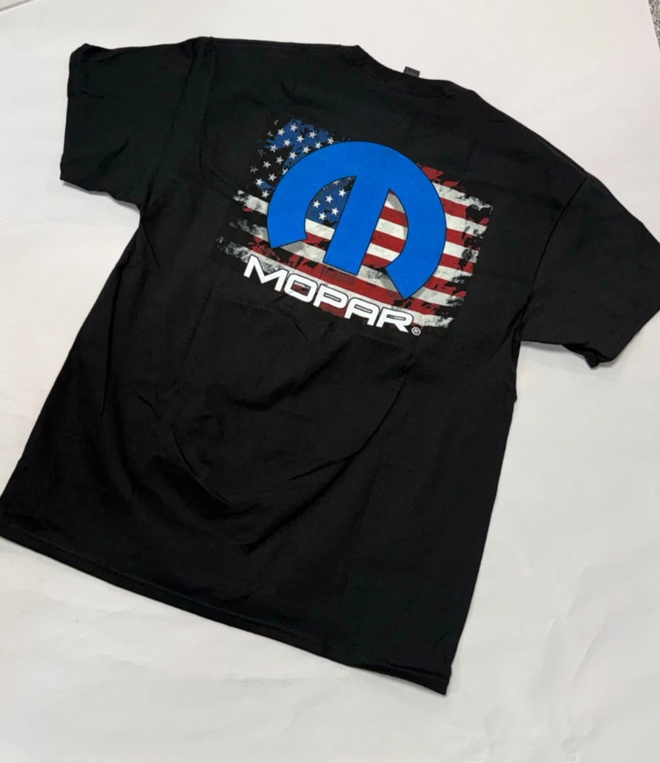Mopar M Emblem American Flag Licensed Black T-Shirt for Chrysler Owners