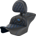 SADDLEMEN RoadSofa Seat with Backrest for Motorcycle (Lattice Stitch, Blue Stitch)