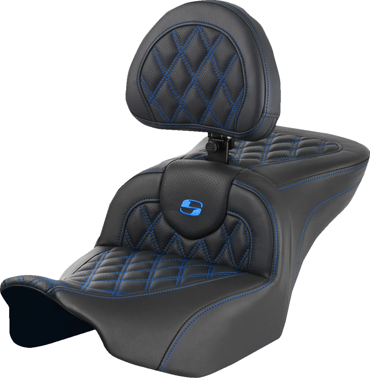 SADDLEMEN RoadSofa Seat with Backrest for Motorcycle (Lattice Stitch, Blue Stitch)
