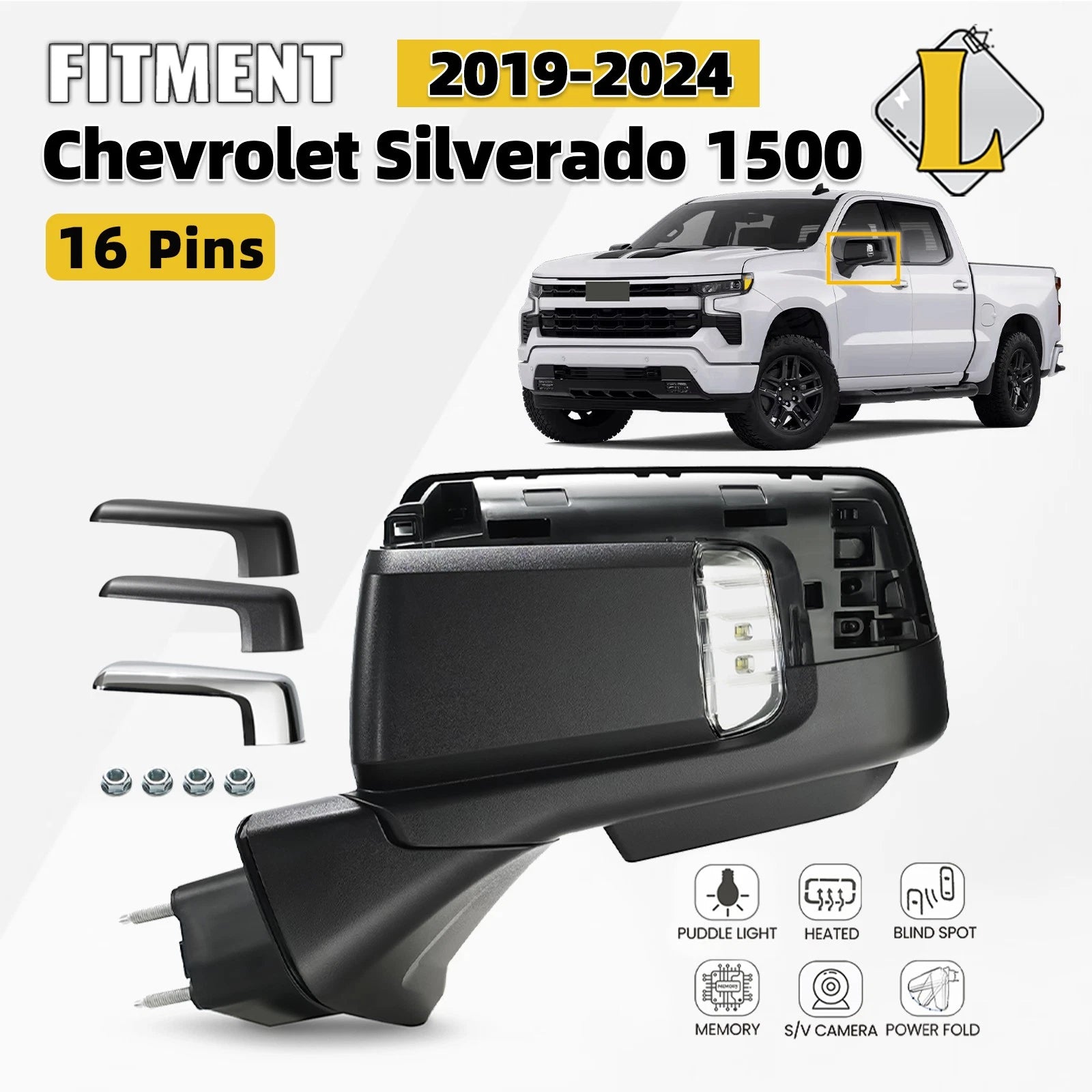Side Mirror with Camera for Chevy Silverado 1500 (2019–2024) 16 Pin Left