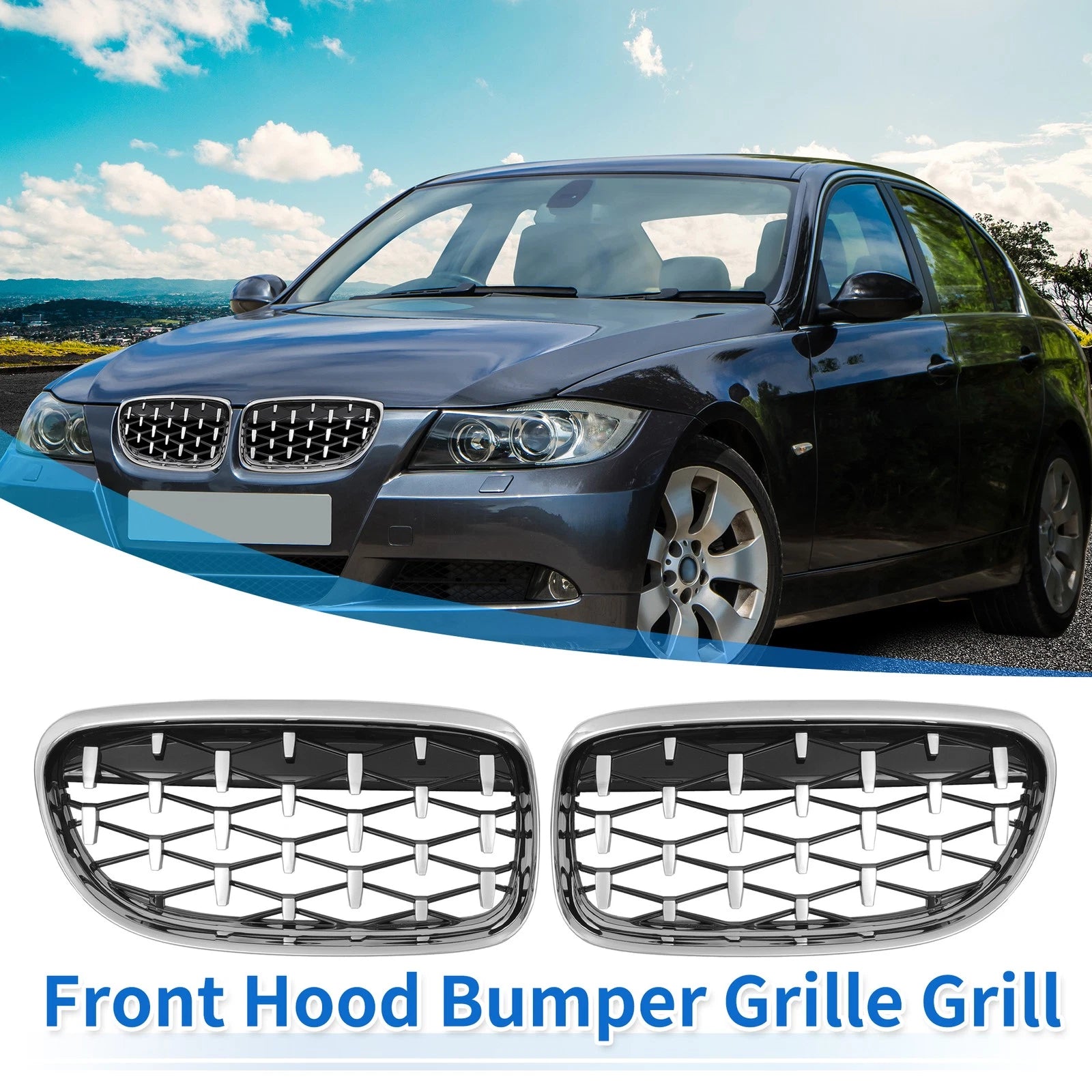 Set of 2 Front Hood Grille for BMW 335d 328i 335i E90 (2007–2013) Silver Tone