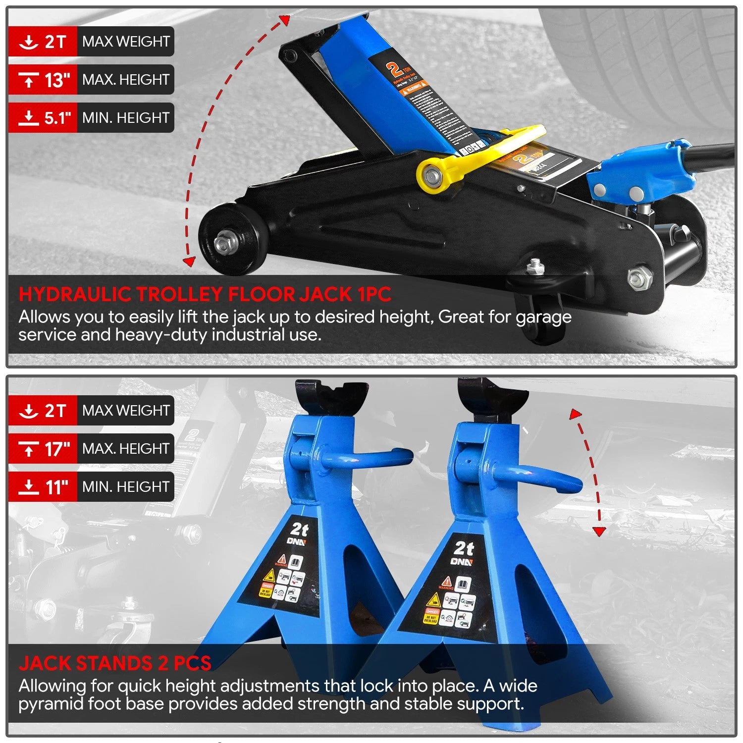 2 Ton Low Profile Hydraulic Floor Jack + Ratchet Stands for Truck SUV