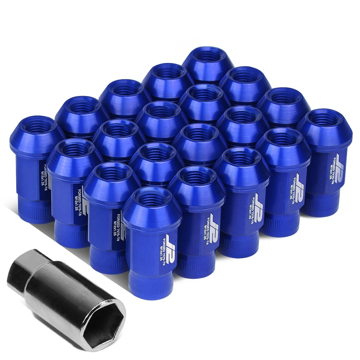 Set of 20 J2 7075 Forged Aluminum M12x1.25 Open-End Lug Nuts with Adapter Blue