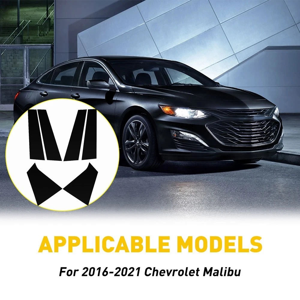 Set of 6 Door Pillar Trim Posts for Chevrolet Malibu (2016–2021) Black Decal