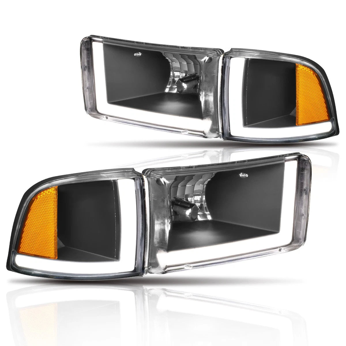 Dual L-Bar LED Headlight for Dodge Ram (1994–2002) - Black Housing, Amber Corner