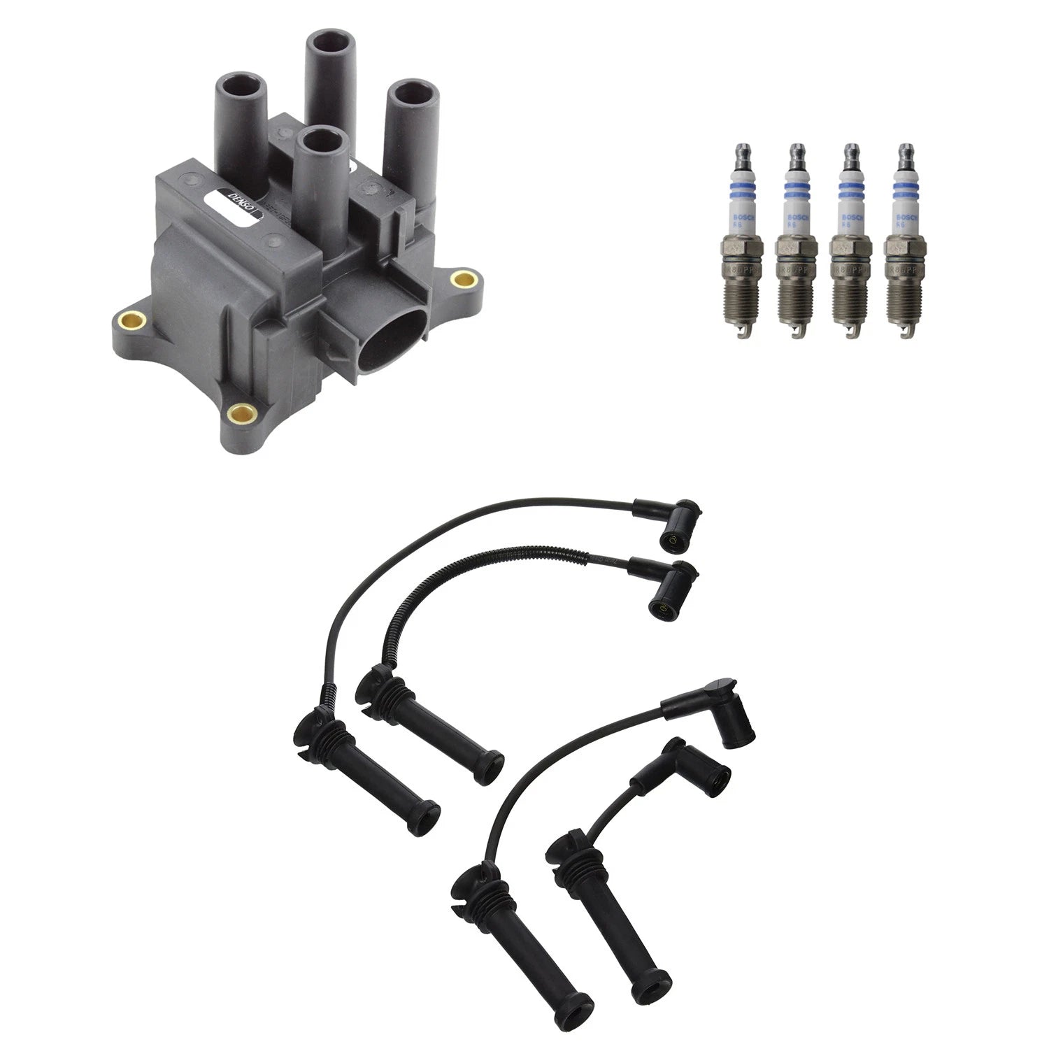 Set of 4 Denso Ignition Coil Wires & Bosch Platinum Spark Plugs for Mazda 6 (2003–2008)