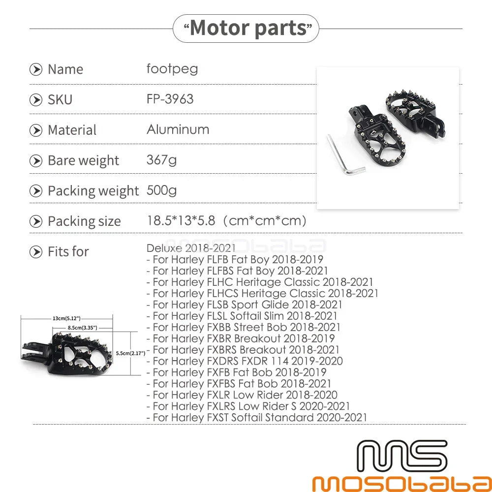 Motorcycle Foot Pegs for Harley Softail Street Bob FXBB Slim Fat Bob (2018-2022)