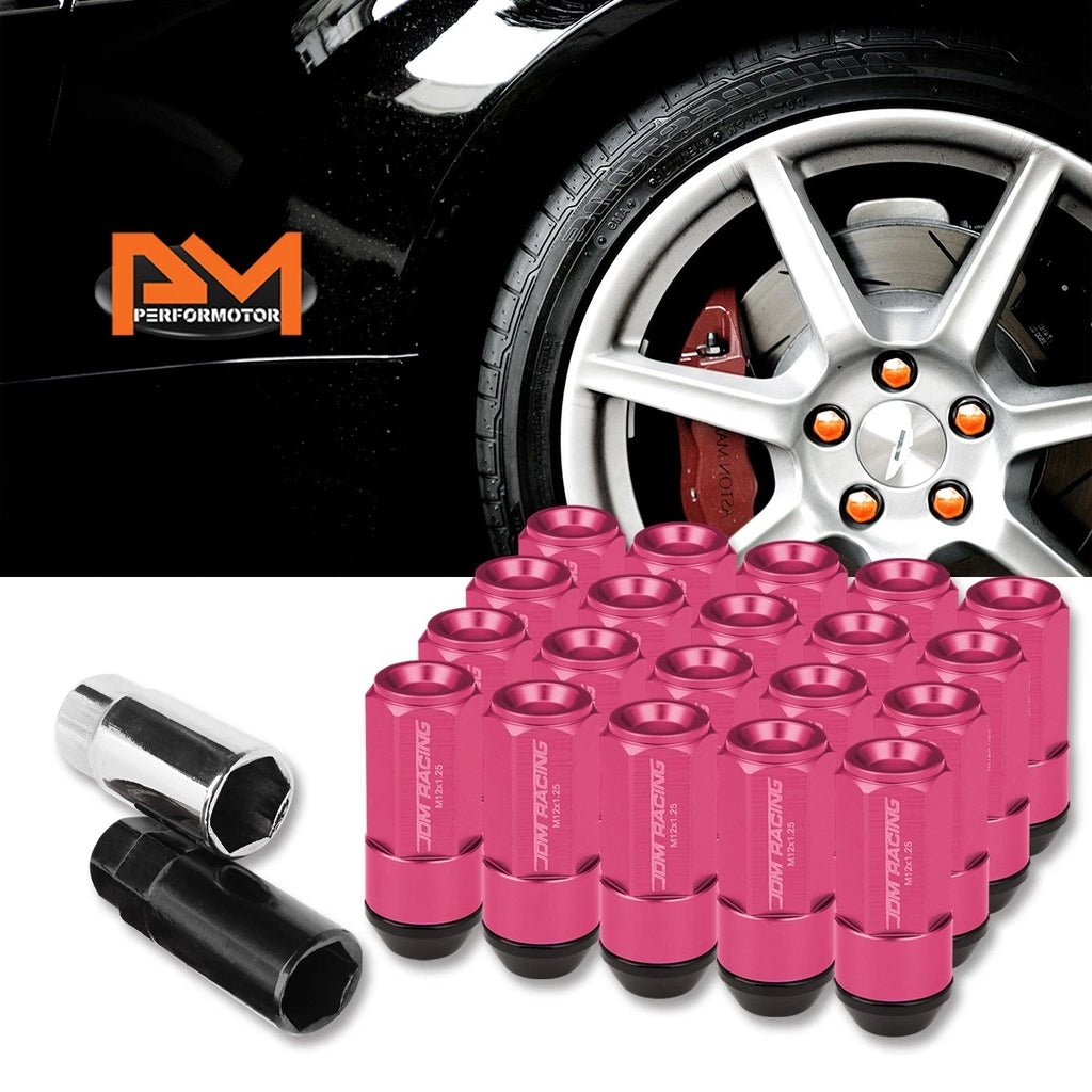Set of 20 JDM M12X1.25 Pink Aluminum Wheel Lug Nuts with Cap & Adapter