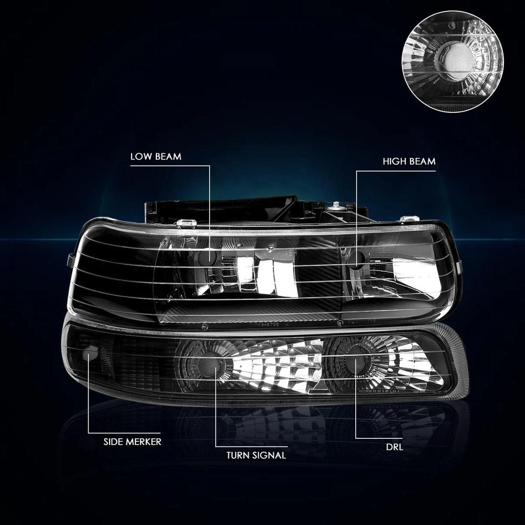 Bumper Headlight Lamp Clear Side Black for Chevy Silverado/Suburban (1999–2006)