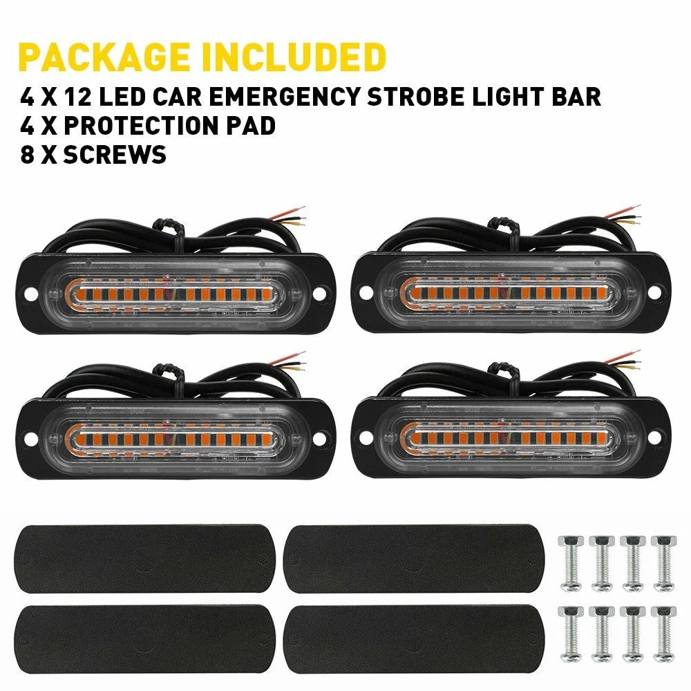 Set of 4 Amber 12 LED Strobe Beacon Light Bar for Universal Vehicles